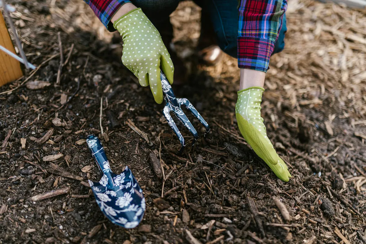 Gloved hands working soil with a hand trowel while planting a garden bed